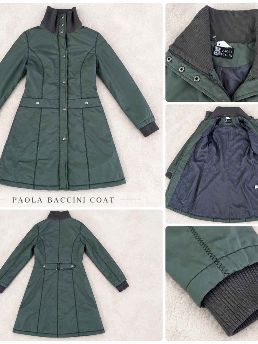 Baccini Dark Green A-Line Trench Coat with Rib Knit Collar